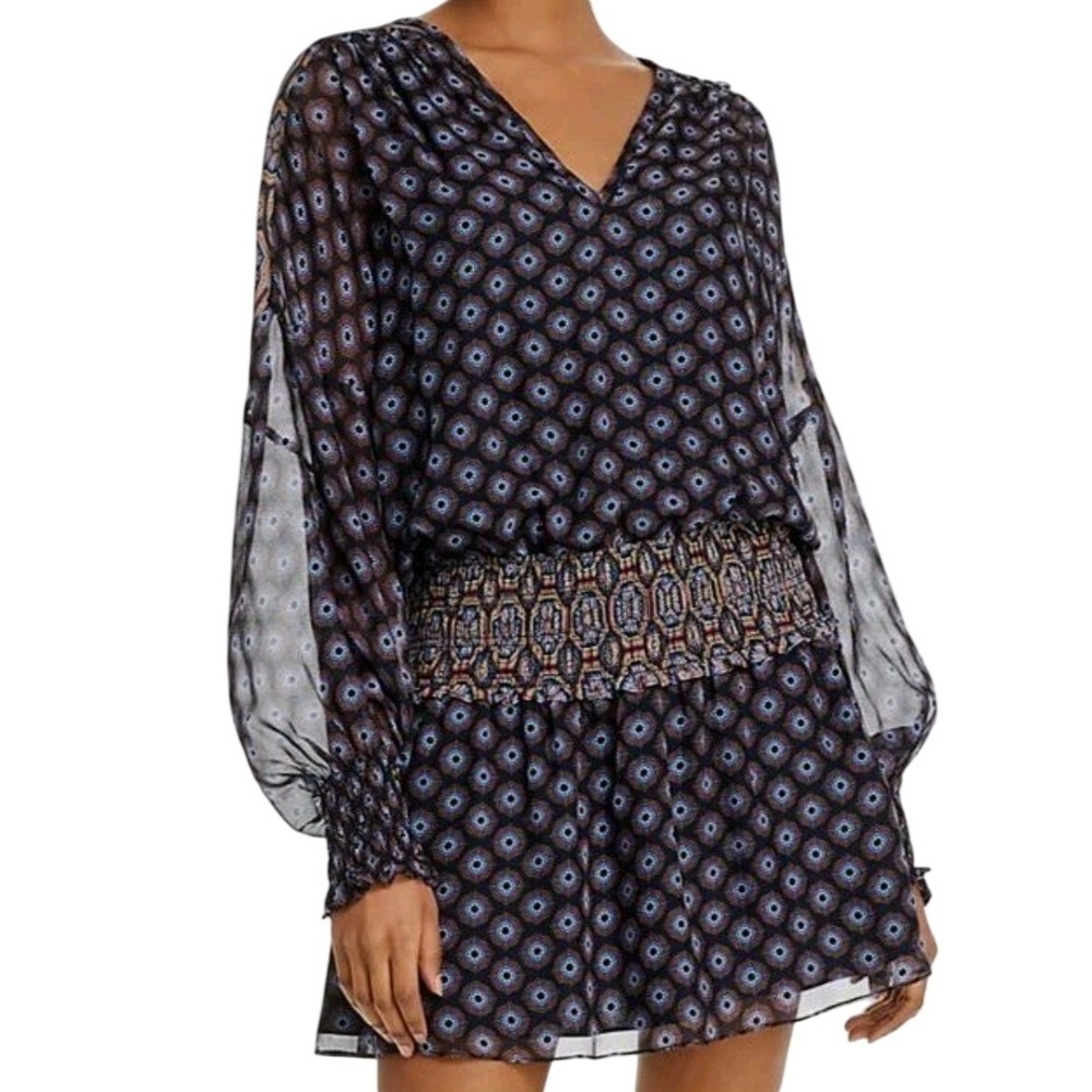 Ramy Brook Silk Dress Women XS Davie Geometric Print Smocked Waist Mini Dress
